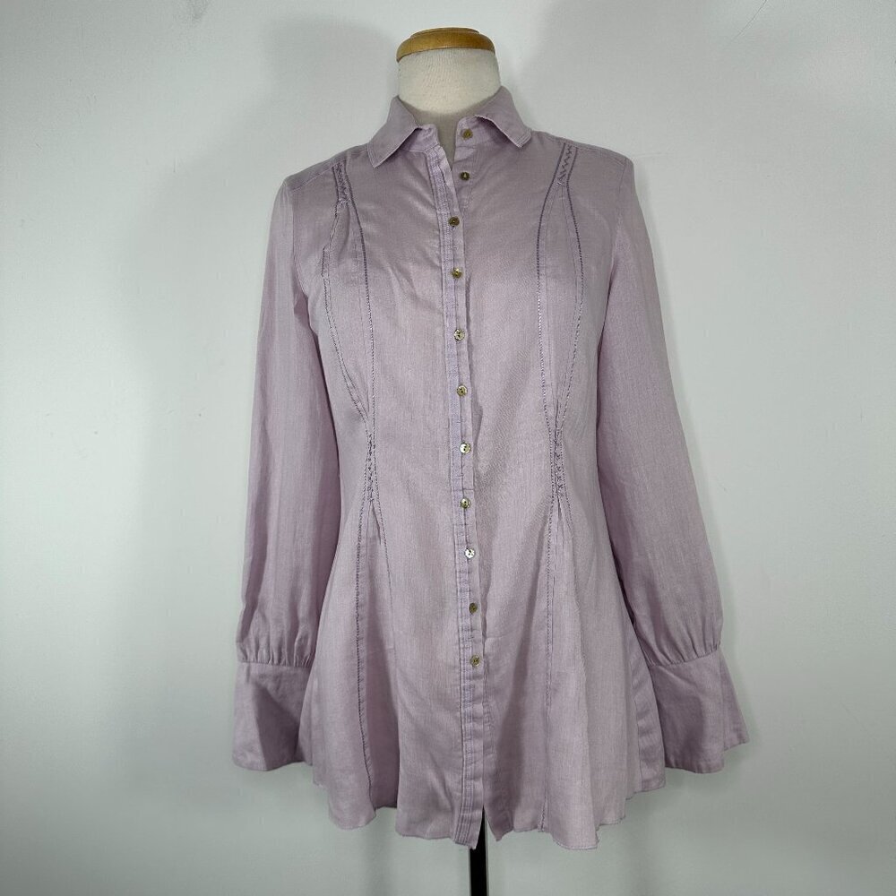 FREDDY B 33 Women's Size Medium 100% Linen Button front Lavender Blouse